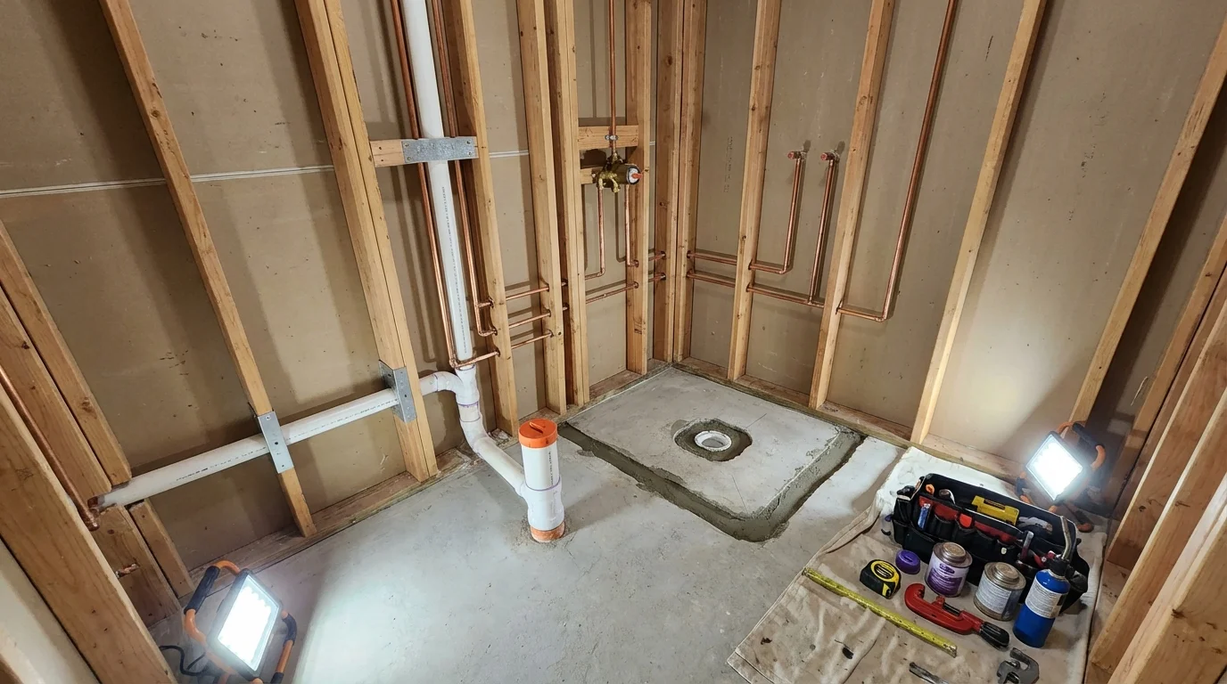 Bathroom rough-in plumbing during remodel by Johns Plumbing LLC in Sharpsburg
