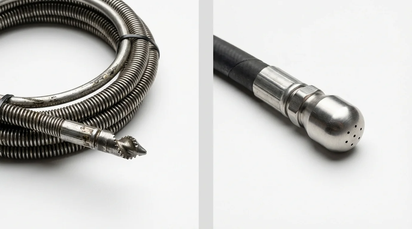 Drain snake cable and hydro jetting nozzle used for drain cleaning in Sharpsburg, NC