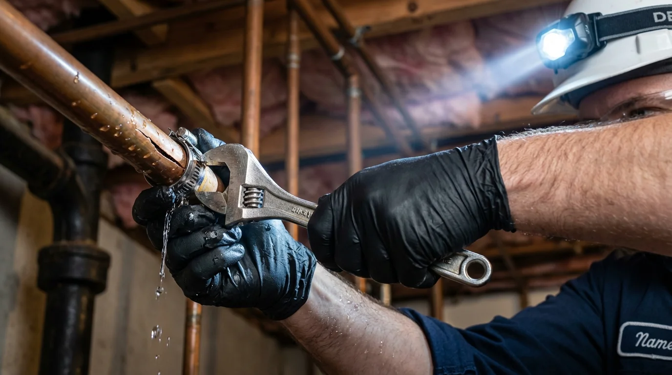 Emergency pipe clamp repair being performed by a Johns Plumbing LLC plumber in Sharpsburg