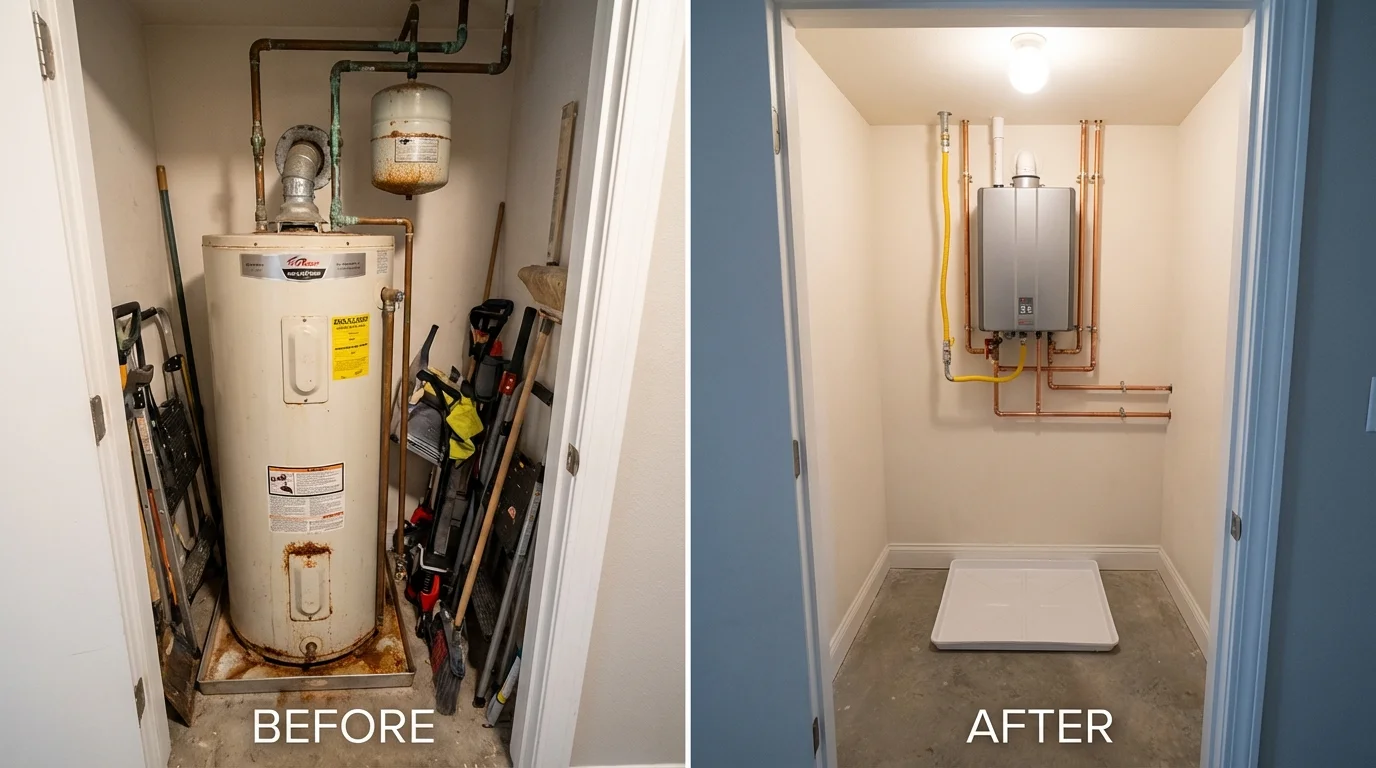 Tank water heater versus wall-mounted tankless unit comparison for Sharpsburg, NC homeowners