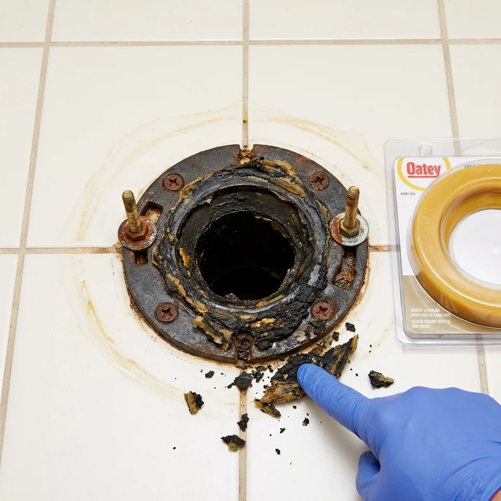 Failed wax ring showing water seepage at the base of a toilet in a Sharpsburg, NC home