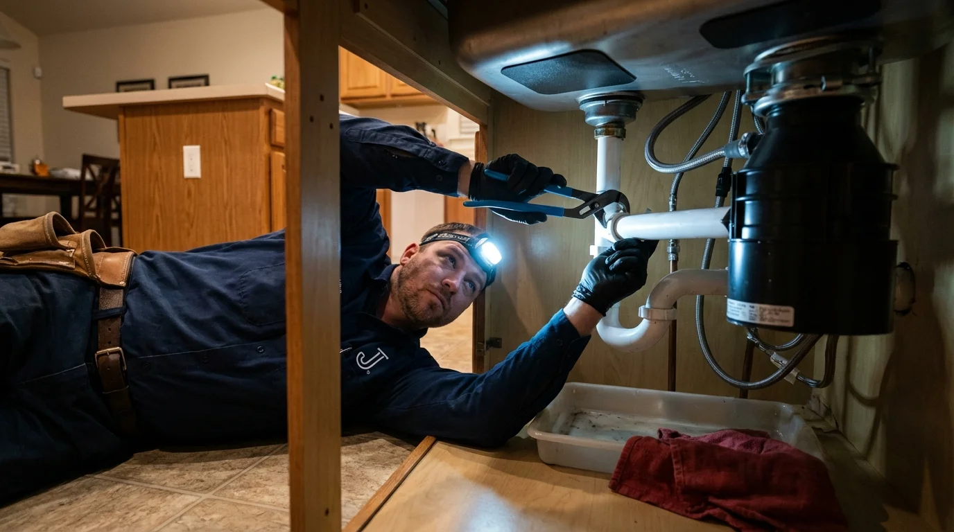 P-trap and supply line connections under a kitchen sink showing a common leak point in Sharpsburg, NC